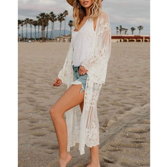 Lace Open Front Kimono Cardigan - Picture 2 of 6